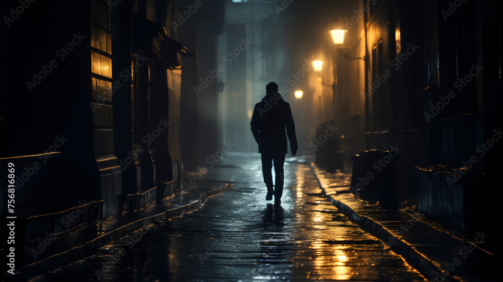 A single figure walks away into the misty glow of a rain-soaked, lamp-lit street - Generative AI