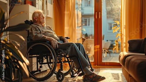 Take care elderly. Portrait of lonely senior man in wheelchair at home. Elderly people. feeling sad and depressed looking window outside. 