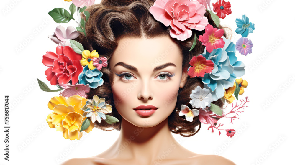 Floral Elegance: Woman with Bright Flower Crown, Beauty Concept. Young Woman with spring colors makeup