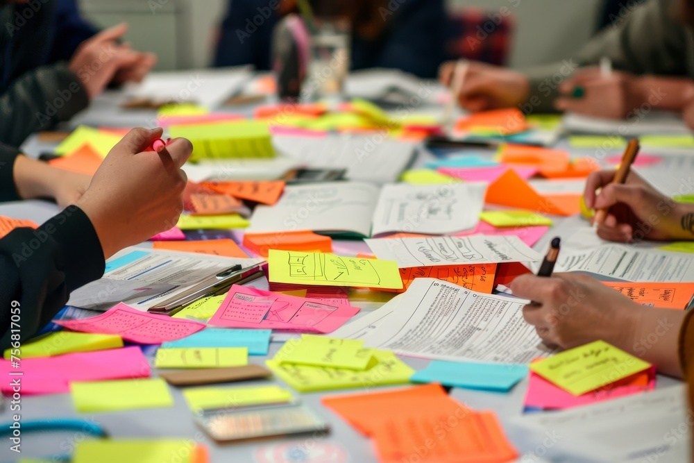 Overhead capture of a busy brainstorming session covered with colorful sticky notes and papers across the table surface