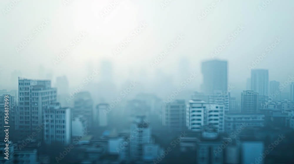 Obraz premium Air pollution in the city. Smog city from PM 2.5 dust, Cityscape of buildings with bad weather, Unhealthy air pollution dust, environment, Blurred image