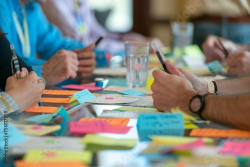 Group of professionals working together, sorting through colorful sticky notes on a large tabletop during a brainstorming session photo