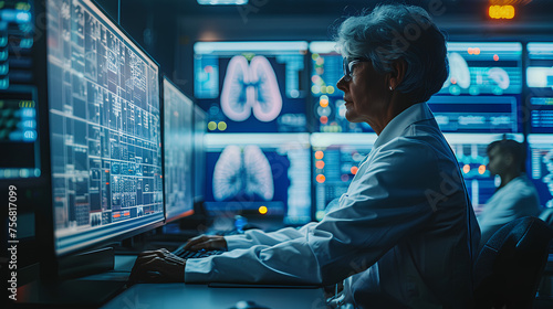 Futuristic medical research or healthcare for lungs with diagnosis and biometrics of vital signs for clinical hospital asthma and respiratory cancer. A doctor in a white coat looks at the monitor photo