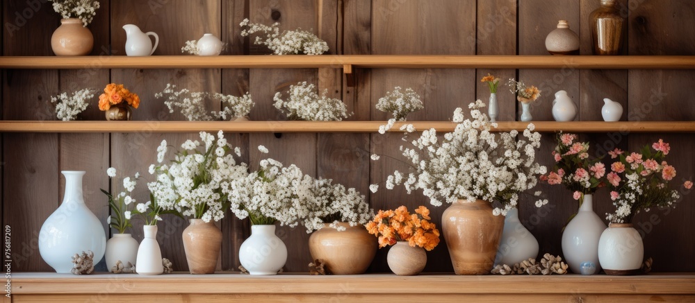 Display of various flowers and vases on wooden shelf in a cozy room.
