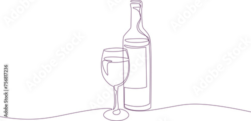 bottle of wine with wineglass line art 