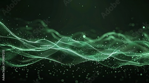 A low-poly shape with connecting green dots and lines on a dark background. Visualization of big data. Abstract futuristic illustration in the field of information technology.