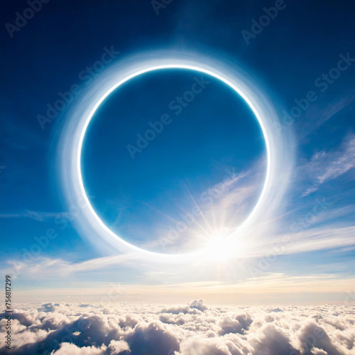 A glowing circle is in the sky above a cloudy blue sky  abstract background