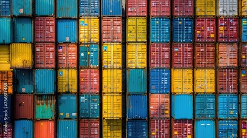 Stacked cargo containers in the storage area of freight sea port terminal, concept of export-import logistics and national delivery of goods. Business and transportation