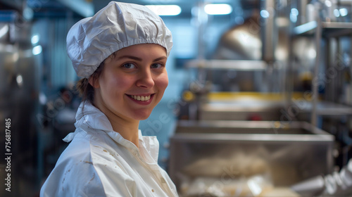 a food industrial production woman worker in full safety clothing