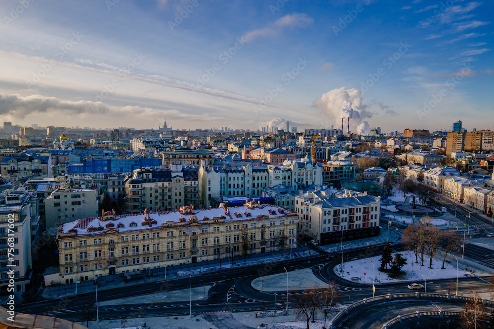 Aerial Moscow skyline in sunny winter day