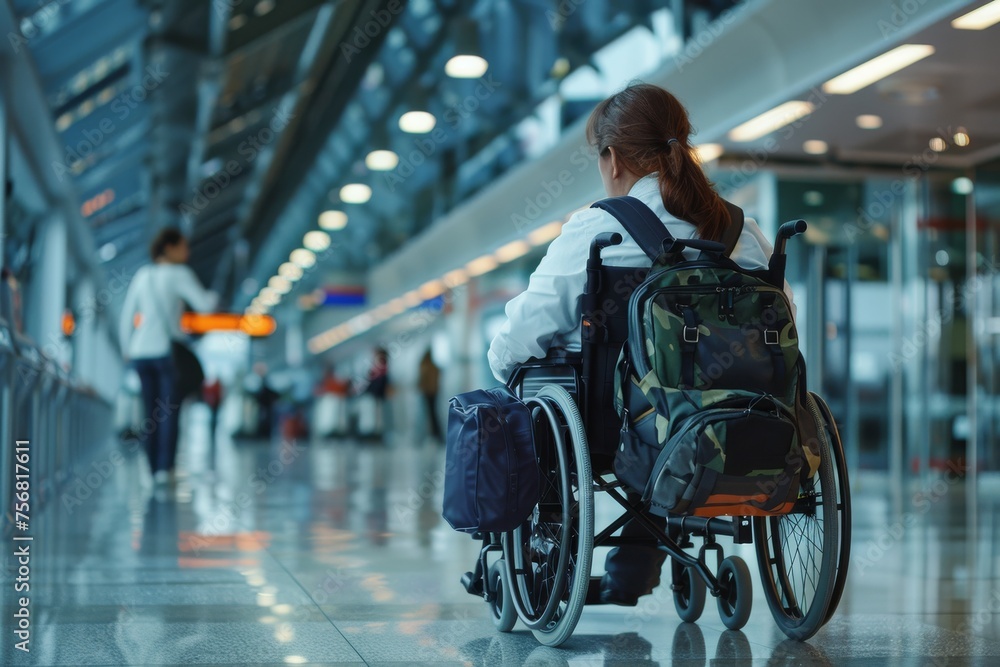 Fototapeta premium Poignant capture of a young girl in a wheelchair alone at a bustling airport hall overlooking the runway