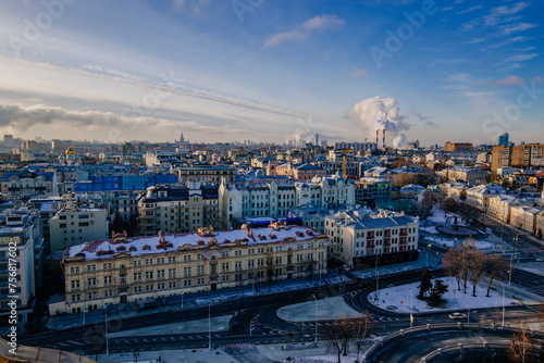 Aerial Moscow skyline in sunny winter day