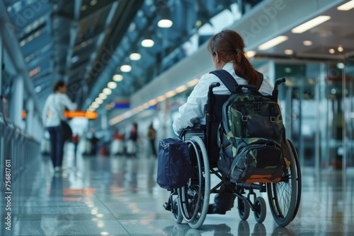 Poignant capture of a young girl in a wheelchair alone at a bustling airport hall overlooking the runway