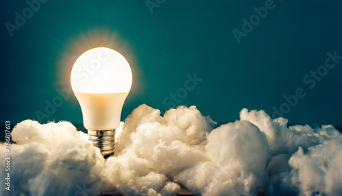 Creative Innovation Concept Illuminated Light Bulb Surrounded by Fluffy Clouds