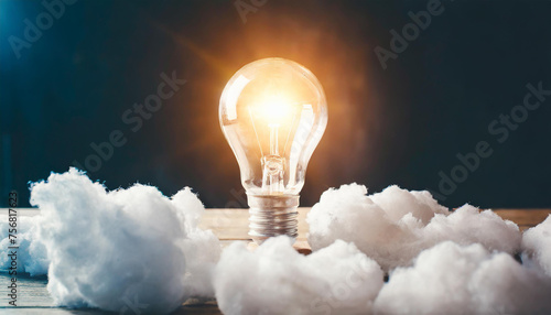 Creative Innovation Concept Illuminated Light Bulb Surrounded by Fluffy Clouds