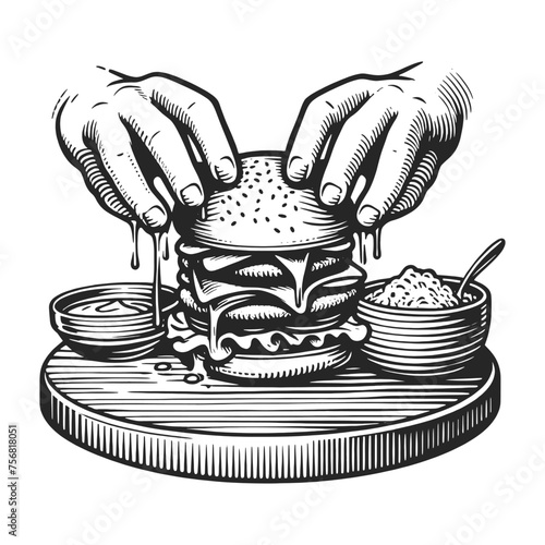 hands preparing a gourmet burger with condiments, depicted in engraving style. Sketch engraving generative ai vector illustration. Scratch board imitation. Black and white image.