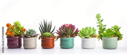 A variety of succulents are planted in flowerpots on the table, adding a touch of green to the landscape. These houseplants come in different shapes and sizes