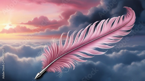 Close up of a pink feather pen against a pink vanilla sky