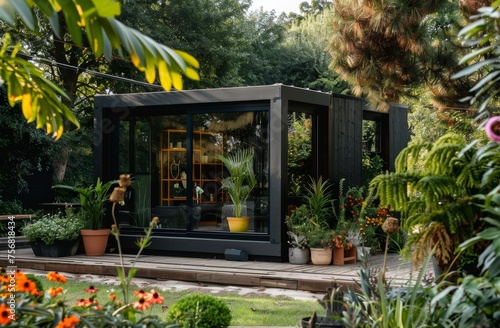 Modern black garden house cabin with large windows and potted plants on the terrace. Ecofriendly home.