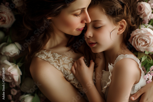 Mother and her daughter in a gently hug with bouquet of flowers in a calm atmosphere. Mother's Day concept, as well as motherhood and maternal bonds.