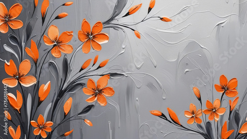 A painting with orange flowers on a gray background