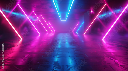 Abstract empty virtual neon background with glowing blue and purple lines © Miftakhul Khoiri