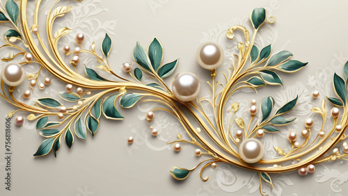 A golden branch with pearls and green leaves