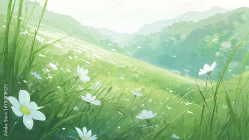 A drawing of a meadow with flowers on a mountain slope