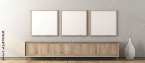 Three rectangle frames hang above a wooden cabinet. The hardwood building features wood flooring and a ceiling. Office equipment and event decor adorn the room