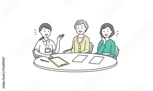 ケアマネから説明を受ける女性とおばあさんのイラスト