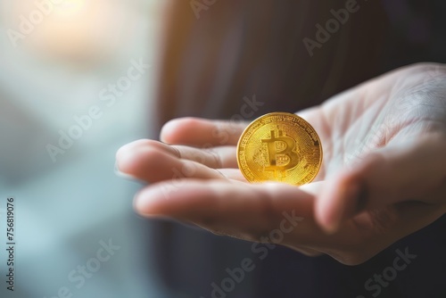 Cryptocurrency golden bitcoin coin in man hand. Cryptocurrencies. Business.Electronic virtual money