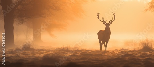 A deer with horns stands in a foggy field at sunset, creating a mystical atmosphere. The natural landscape is highlighted by the atmospheric phenomenon in the sky