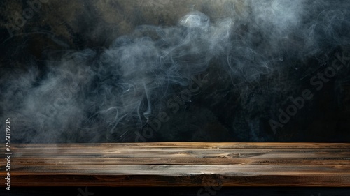 On a black background, an empty wooden table with smoke floats up. Empty space for displaying your products, with a smoke float up on a dark background. copy space - generative ai