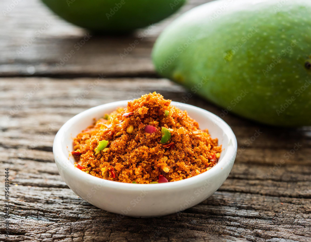 Fresh green mango with table salt mixed with ground chili Fresh green mango with table salt mixed with ground chili