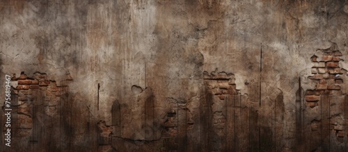 A detailed closeup of a weathered wooden wall with peeling brown paint, showcasing the natural landscape of grass and soil in the background