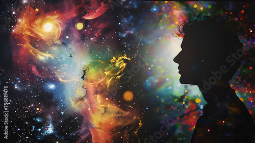 This image portrays a vibrant cosmic scene. On the left, a colorful depiction of outer space features stars, galaxies, and cosmic phenomena