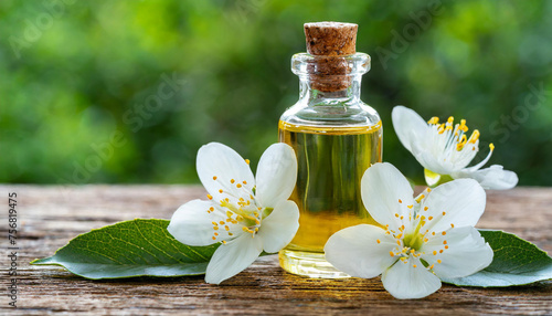 Neroli essential oil with flowers on a wooden background.