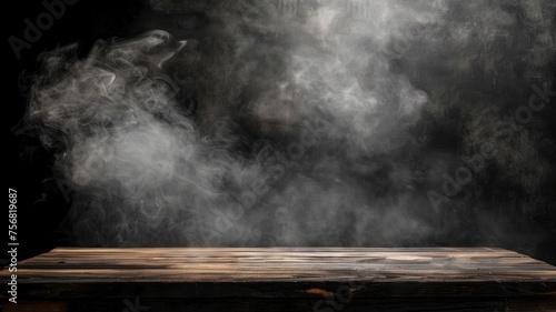 On a black background  an empty wooden table with smoke floats up. Empty space for displaying your products  with a smoke float up on a dark background. copy space - generative ai