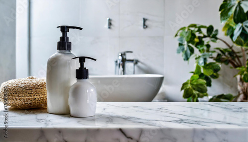 Toiletries and empty space on a white marble tabletop in a modern white and clean bathroom.