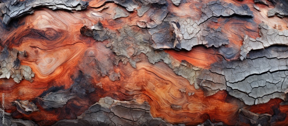 A detailed close up of the intricate pattern on the bark of a pine tree, resembling a piece of art in a landscape of soil and bedrock