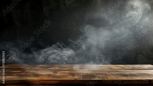 On a black background, an empty wooden table with smoke floats up. Empty space for displaying your products, with a smoke float up on a dark background. copy space - generative ai