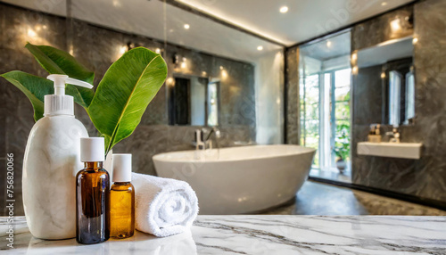 A presentation space on a white marble tabletop features toiletries in a luxurious bathroom. photo