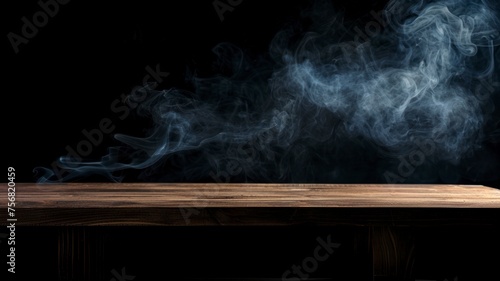 On a black background, an empty wooden table with smoke floats up. Empty space for displaying your products, with a smoke float up on a dark background. copy space - generative ai © Nia™