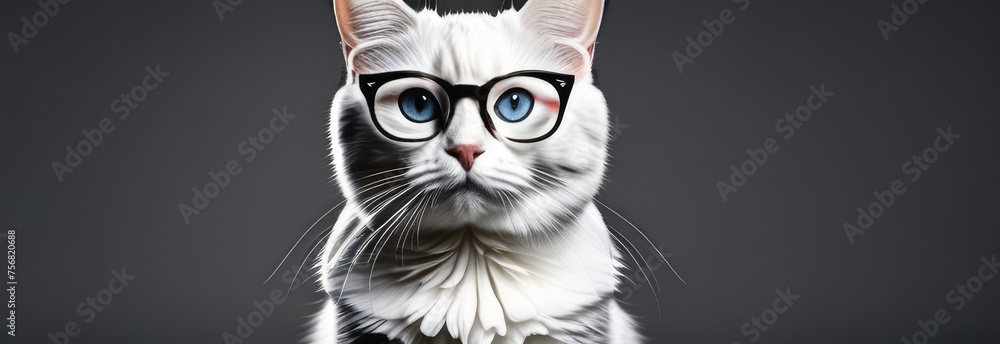 white cat in black glasses on a gray background. concept of style, creativity, individuality, fun. banner with a portrait of a unique cat