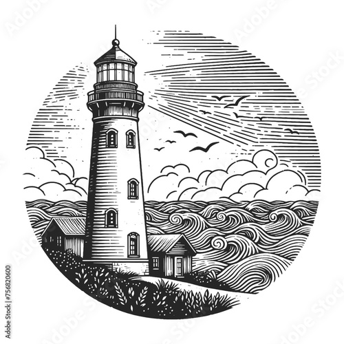 vintage lighthouse with beams of light, depicted in an engraved style. Sketch engraving generative ai vector illustration. Scratch board imitation. Black and white image.