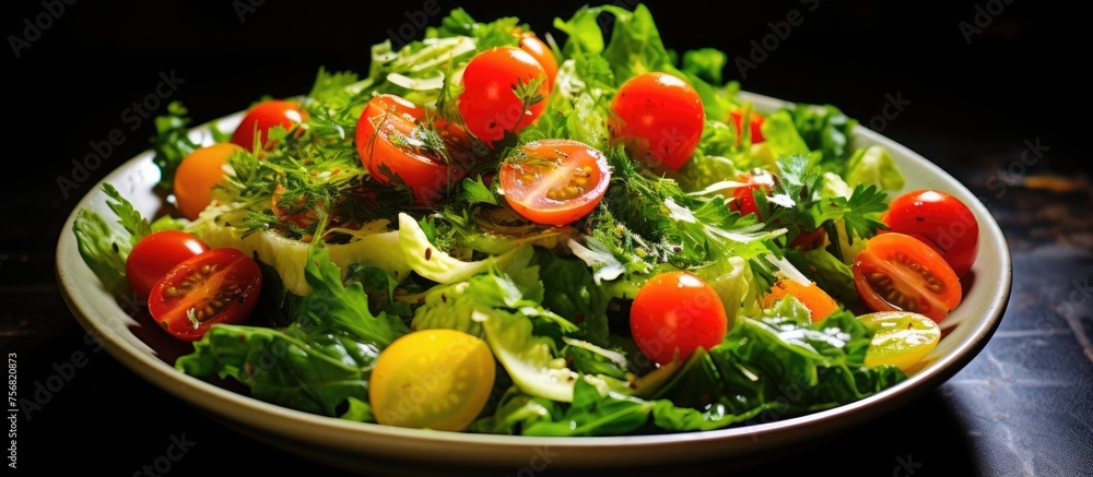 A dish of salad made of fresh ingredients including tomatoes, lettuce, and lemons, placed on a table. This natural food is a refreshing and healthy option as a cuisine dish or garnish A dish of salad made of fresh ingredients including tomatoes, lettuce, and lemons, placed on a table. This natural food is a refreshing and healthy option as a cuisine dish or garnish
