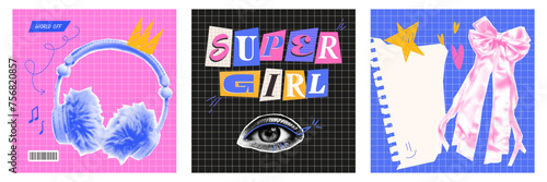 A set of posters with cute elements from 2000s girl aesthetics. Super girl, furry headphones, pink bow. Halftone trendy collage with torn paper and magazine clippings.