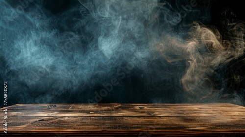 On a black background, an empty wooden table with smoke floats up. Empty space for displaying your products, with a smoke float up on a dark background. copy space - generative ai