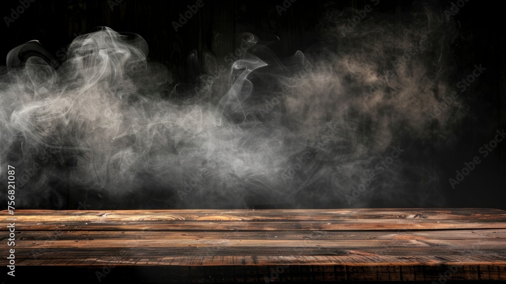 On a black background, an empty wooden table with smoke floats up. Empty space for displaying your products, with a smoke float up on a dark background. copy space - generative ai On a black background, an empty wooden table with smoke floats up. Empty space for displaying your products, with a smoke float up on a dark background. copy space - generative ai
