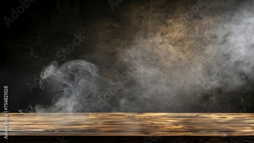 On a black background, an empty wooden table with smoke floats up. Empty space for displaying your products, with a smoke float up on a dark background. copy space - generative ai